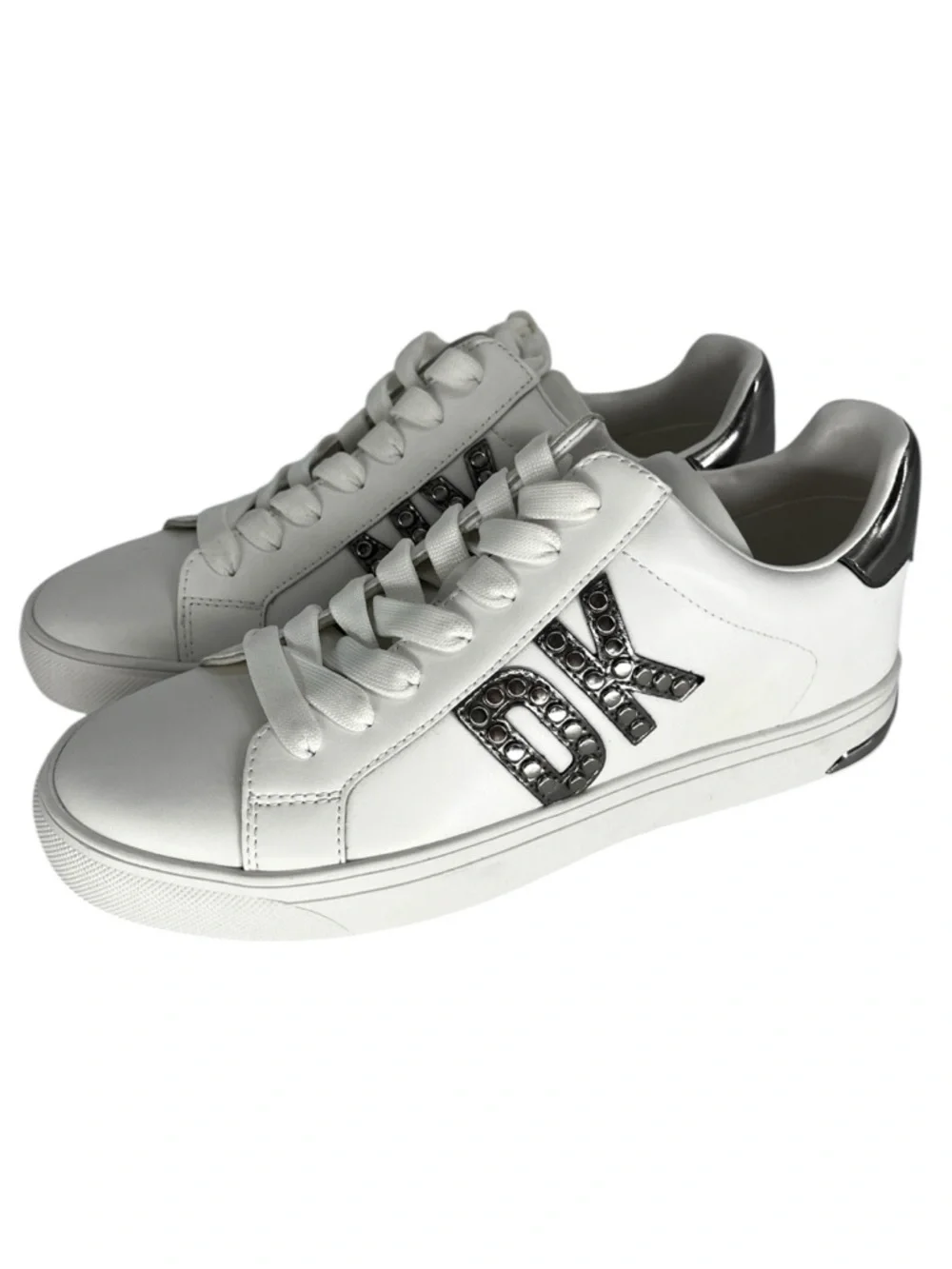 DKNY Abeni Sneakers Logo Detail Lace Up White Silver - Size 8